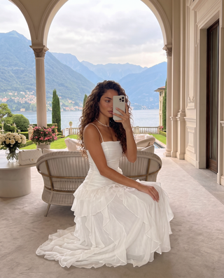 Statement Pleated Strapless Corset Long Dress with Dramatic Ruffles & Floral Detail