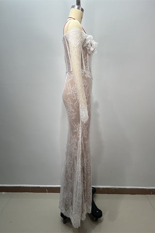 Off-Shoulder Long Sleeve Lace Mermaid Bridal Dress with 3D Floral Appliqué