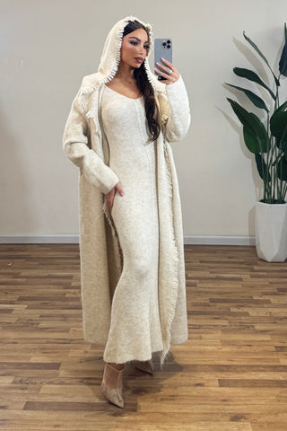 Knitted Maxi Dress and Long Hooded Cardigan Set with Fringe Trim