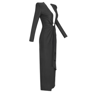 Elegant Long-Sleeve Long Dress V-Neck Evening Gown