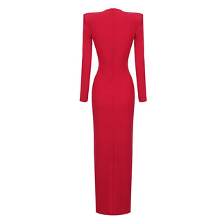 Elegant Long-Sleeve Long Dress V-Neck Evening Gown
