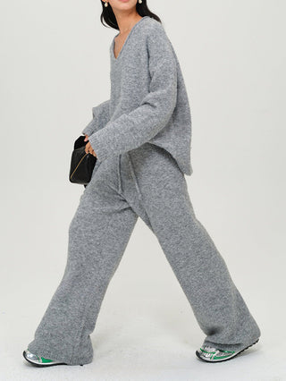 Gray Knitted V-Neck Sweater Comfy Set with Wide-Leg Pants & Scarf