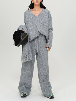 Gray Knitted V-Neck Sweater Comfy Set with Wide-Leg Pants & Scarf