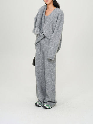 Gray Knitted V-Neck Sweater Comfy Set with Wide-Leg Pants & Scarf