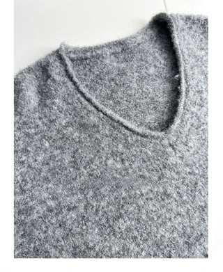 Gray Knitted V-Neck Sweater Comfy Set with Wide-Leg Pants & Scarf