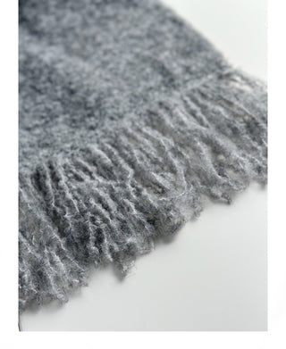Gray Knitted V-Neck Sweater Comfy Set with Wide-Leg Pants & Scarf