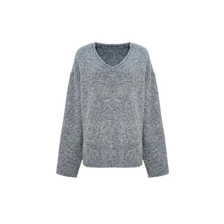 Gray Knitted V-Neck Sweater Comfy Set with Wide-Leg Pants & Scarf