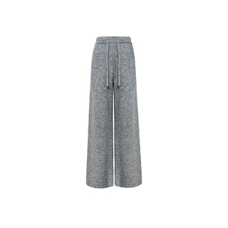 Gray Knitted V-Neck Sweater Comfy Set with Wide-Leg Pants & Scarf