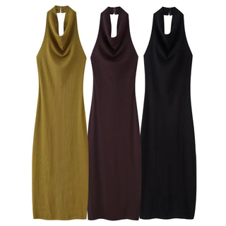 Sleeveless Halter Neck Backless Midi Dress