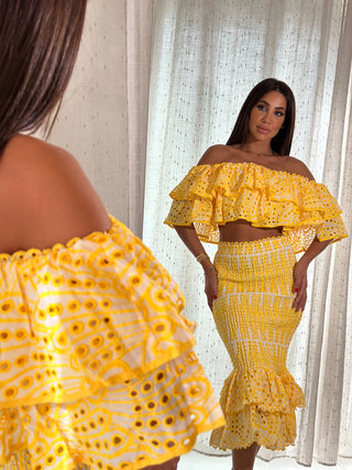 Embroidered Off Shoulder Crop   Ruffled Halfway  Set