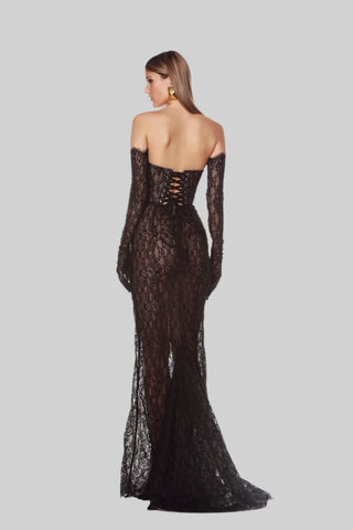 Elegant Black Lace Strapless Corset Long Dress with Sheer Fishtail Skirt and Matching Opera Gloves