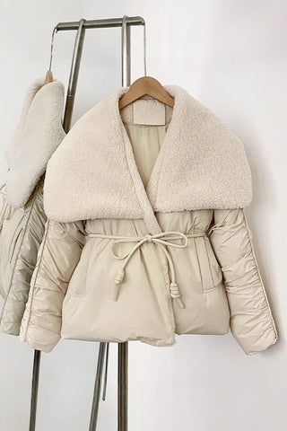 Belted Puffer Jacket with Oversized Faux Shearling Collar – One Size