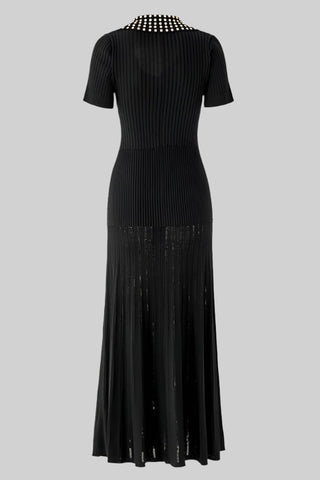 Short Sleeve Pearl Collar Ribbed Knit Midi Dress – Button Front