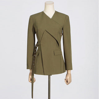 Long Sleeve V-Neck Suit Jacket with Belt