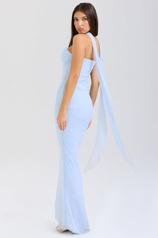 Light Blue Mesh Ruched  Set – Strapless Bustier Top & Fishtail Maxi Skirt with Sheer Scarf