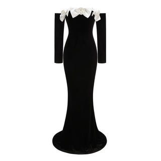 Elegant Off-Shoulder Long Velvet Evening Dress with Floral Details