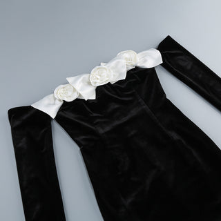 Elegant Off-Shoulder Long Velvet Evening Dress with Floral Details