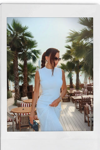 Sleeveless Knit Long Dress with Pearl Trim and Pleated Skirt