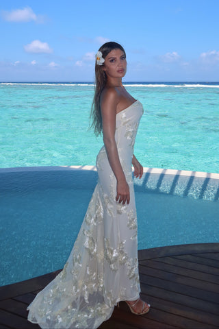 Strapless 3D Floral Mesh Gown with Train