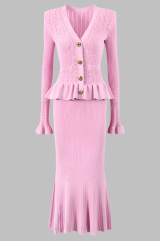 Knitted Long Midi Dress – Button-Up, Peplum Waist, Flared Long Sleeves