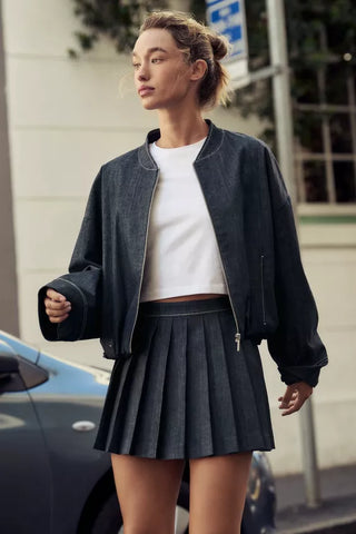 Denim Chic Pleated Mini Skirt & Bomber Jacket Set
