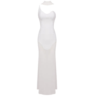 Elegant Sleeveless Bandage Mesh Long Dress Evening Gown with Scarf Detail