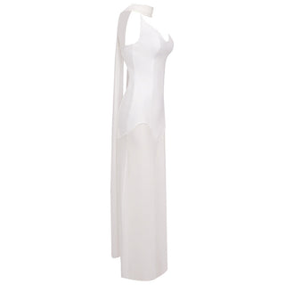 Elegant Sleeveless Bandage Mesh Long Dress Evening Gown with Scarf Detail
