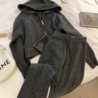 Comfy Hooded Knitted Set: Zip-Up Sweater & High-Waist Split Wide Leg Pants