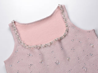 Sleeveless Embellished Knit Mini Dress with Crystal and Pearl Detailing