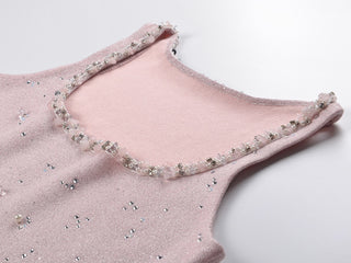 Sleeveless Embellished Knit Mini Dress with Crystal and Pearl Detailing