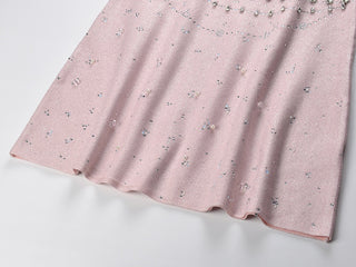 Sleeveless Embellished Knit Mini Dress with Crystal and Pearl Detailing