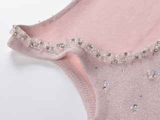 Sleeveless Embellished Knit Mini Dress with Crystal and Pearl Detailing