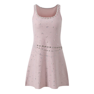 Sleeveless Embellished Knit Mini Dress with Crystal and Pearl Detailing