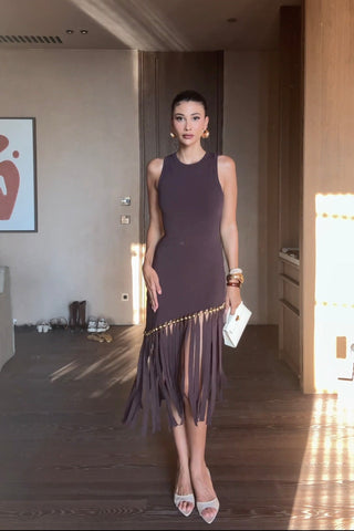 Tassel Gold Beads Slim Round Neck Sleeveless Knitted Long Dress