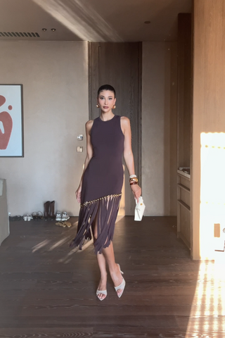 Tassel Gold Beads Slim Round Neck Sleeveless Knitted Long Dress