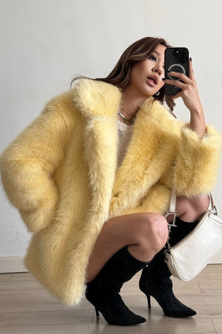 Plush Faux Fur Oversized Coat with Lapel Collar