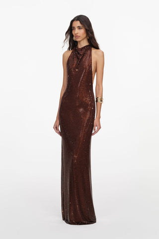Embellished Cowl Neck Open Back Long Dress