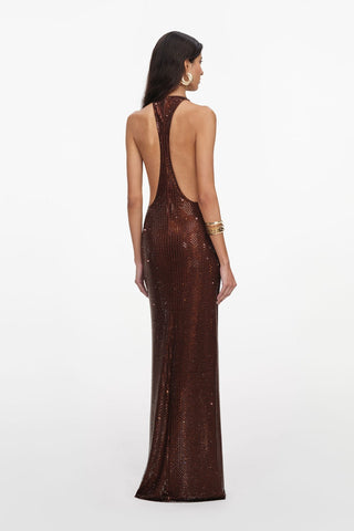 Embellished Cowl Neck Open Back Long Dress