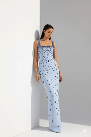 Ice Blue Teardrop Crystal Embellished Long dress
