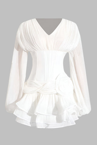 V-Neck Puff Long Sleeve Mini Dress with Corset Waist and Ruffle Skirt