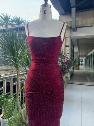 Hot Diamond Sparkle Bodycon Long Dress with Sculpted Pleats and Backless Cut
