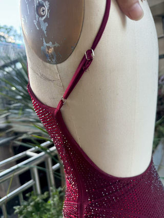 Hot Diamond Sparkle Bodycon Long Dress with Sculpted Pleats and Backless Cut