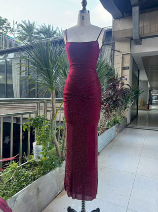 Hot Diamond Sparkle Bodycon Long Dress with Sculpted Pleats and Backless Cut