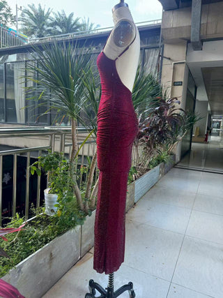Hot Diamond Sparkle Bodycon Long Dress with Sculpted Pleats and Backless Cut