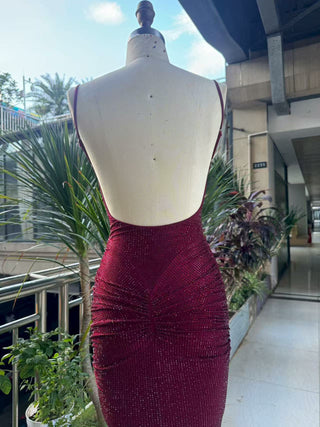 Hot Diamond Sparkle Bodycon Long Dress with Sculpted Pleats and Backless Cut