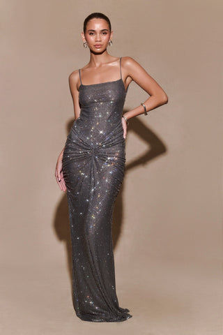 Hot Diamond Sparkle Bodycon Long Dress with Sculpted Pleats and Backless Cut