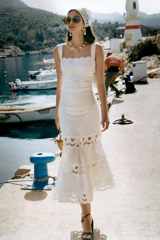 Statement Lace Cutwork Belted Tiered Long Dress