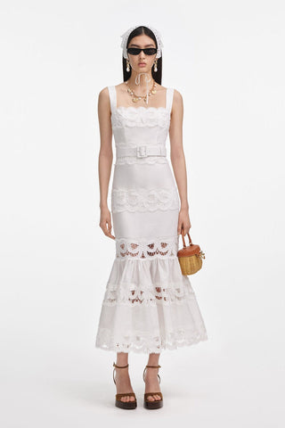Statement Lace Cutwork Belted Tiered Long Dress