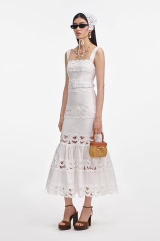 Statement Lace Cutwork Belted Tiered Long Dress