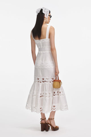 Statement Lace Cutwork Belted Tiered Long Dress